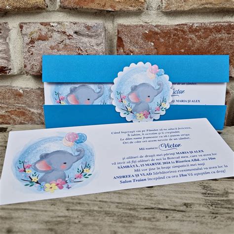 Invitatie De Botez Eleganta Albastra Cu Elefant Cod