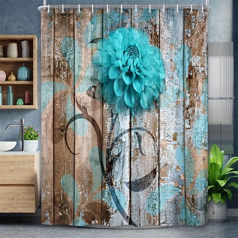 Rustic Flower Shower Curtain Teal Floral Barn Wood Farmhouse Shower