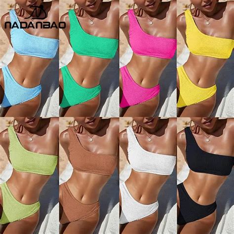 NADANBAO Bikini de cintura alta para mujer traje de baño de dos piezas con un hombro al