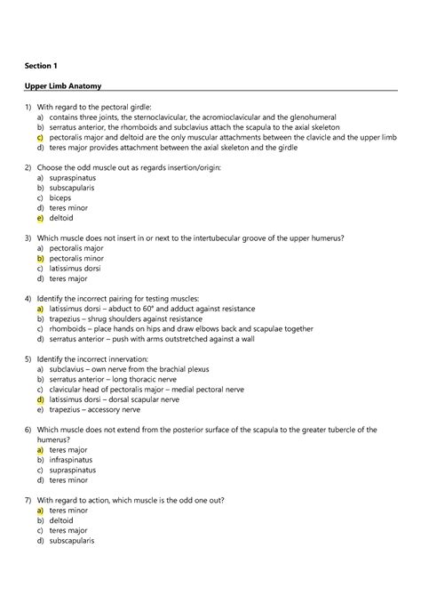 Upper Limb Mcqs Anatomy Practice Mcqs Section 1 Upper Limb Anatomy