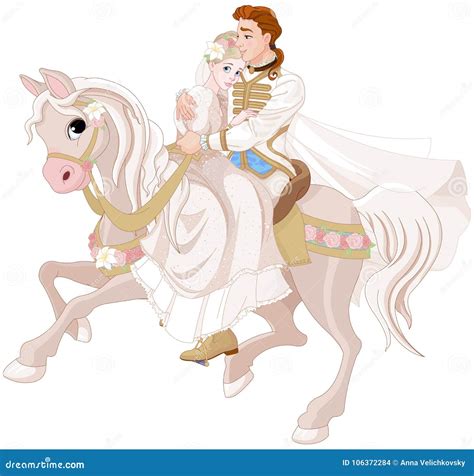 Cinderella And Prince Riding A Horse After Wedding Stock Vector