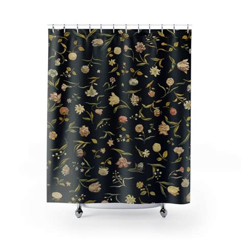 Black Shower Curtain Black Floral Cottagecore Decor Vintage Etsy Uk