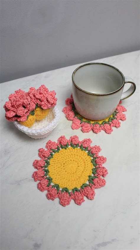 Crochet Flower Pot Coaster Set Written Pattern, crochet plant pot coas ...