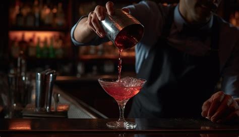 Barman profesional mezclando cócteles frescos en el mostrador del bar