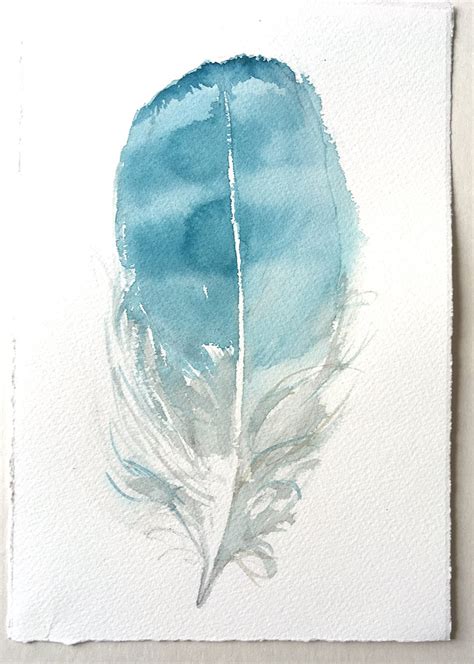 Watercolor Feather Painting Pale Blue Feather Illustration Etsy