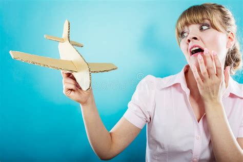 Fly Fear Woman Holding Airplane In Hand Stock Image Image Of