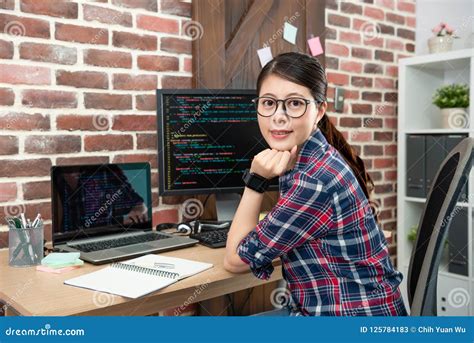 Female Programmer Sitting In Working Office Stock Image Image Of