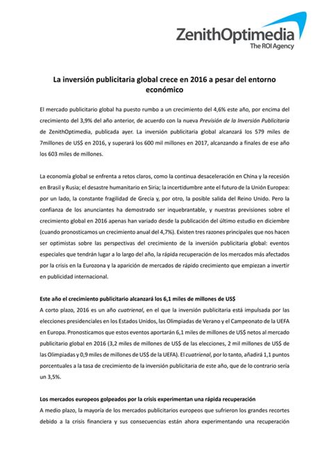 Previsiones de Inversión Publicitaria ZenithOptimedia Marzo 2016 PDF