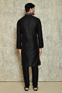 Buy Black Art Silk Dupion Embroidery Thread Placket Kurta Set For Men