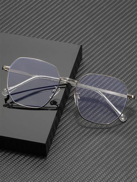 Men Geometric Metal Frame Anti Blue Light Eyeglasses Clear Glasses Blue