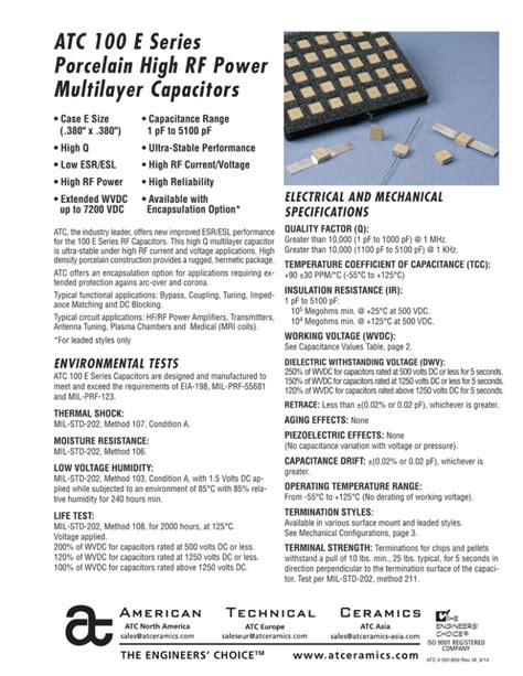 Atc E Series Porcelain High Rf Power Multilayer Capacitors