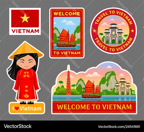 Set Of Vietnamese Travel Stickers Royalty Free Vector Image