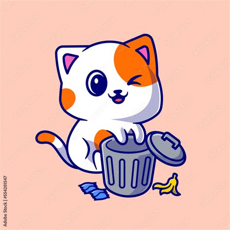 Cute Cat Playing On Rubbish Bin Cartoon Vector Icon Illustration