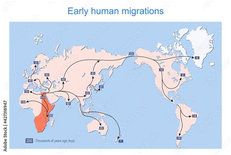 Early human migrations. Map of the spread of humans around the world ...