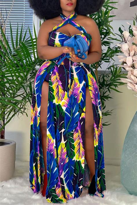 Wholesale Blue Fashion Sexy Plus Size Print Backless Slit Halter Sleeveless Dress Ws21364 3