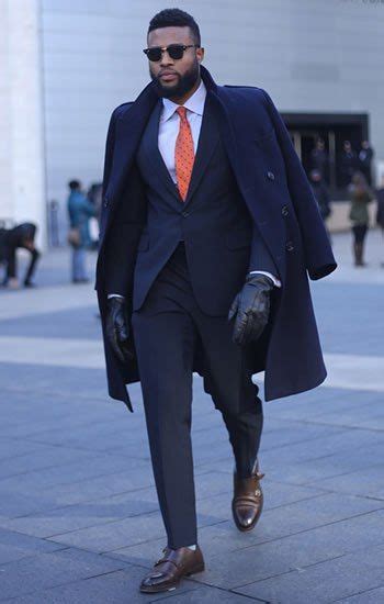 Dark Blue And Navy Winter Coat Gloves Outfits With Black Suit Trouser