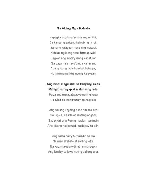 Sa Aking Mga Kabata By Jose Rizal Pdf