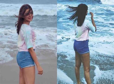 Pooja Hegde Hot In Denim Shorts At Beach Filmy19