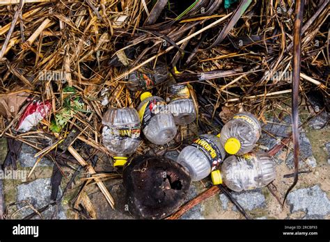 Plastic Bottles And Rubbish Dumped On The Banks Of A River Pollution