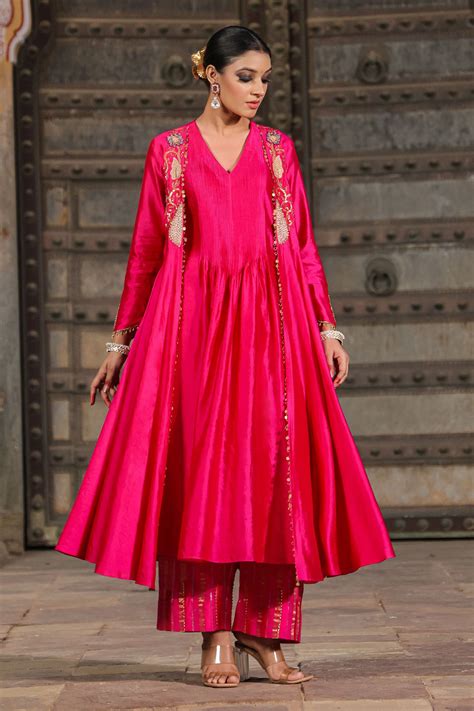 Buy Pink Pure Banarasi Spun Silk Woven And Applique Anarkali Set For