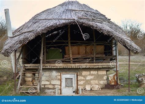 Cabana Primitiva Feita De Sementes E Palha Um Telhado Foto De Stock