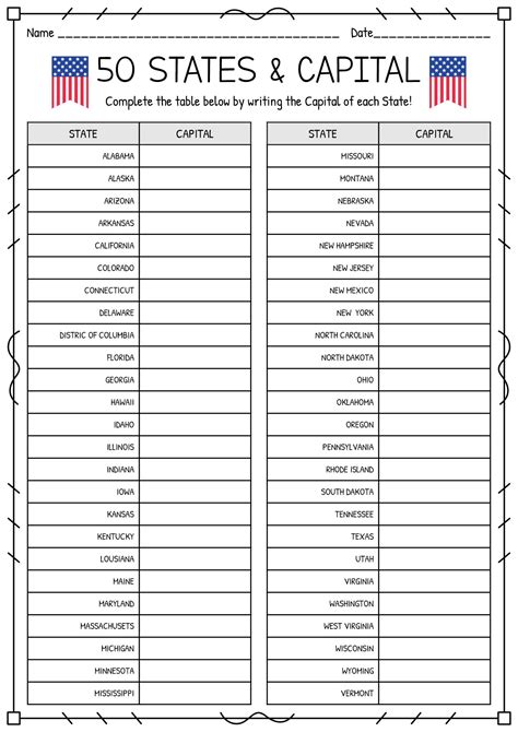 50 States And Capitals Worksheets