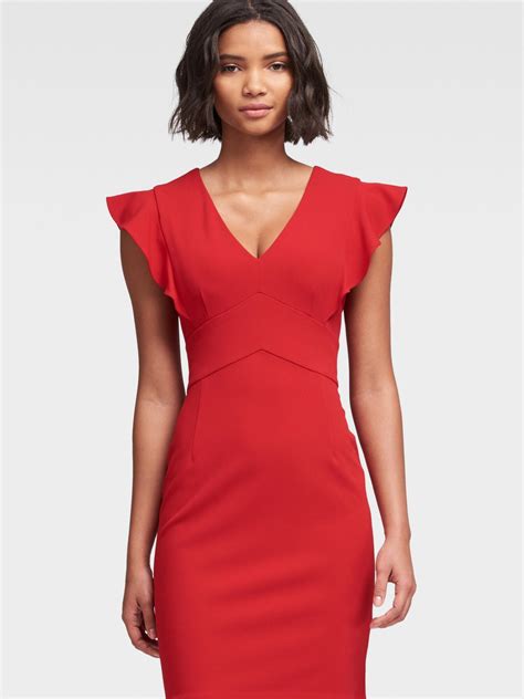 Dkny Synthetic Sheath Dress With Ruffle Sleeve In Red Lyst