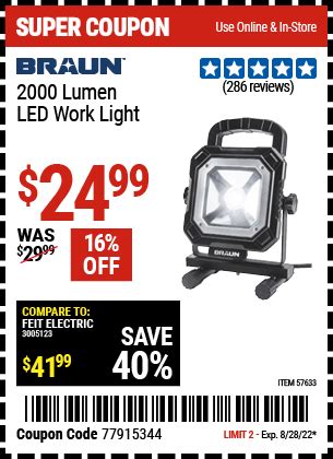 Braun 2000 Lumen Led Work Light For 2499 Harbor Freight Coupons