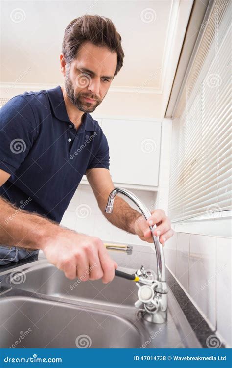 Plumber Fixing The Sink With Wrench Stock Photo Image Of Repairing