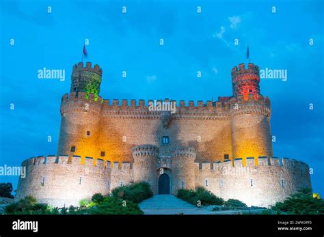 Castle Night View Manzanares El Real Madrid Province Spain Stock