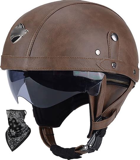 Leder Halbhelm Vintage Motorradhelm Mit Integriertem Visier