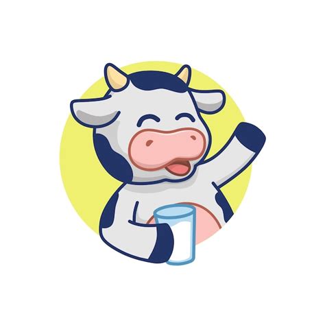 Premium Vector Logo Mascot A Cow With A Glass Of Milk Is Holding A