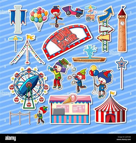 Sticker Set Of Amusement Park Objects And Cartoon Characters