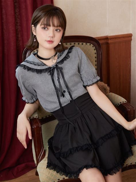 Romwe Kawaii Gingham Frill Trim Sailor Collar Blouse Shein Uk