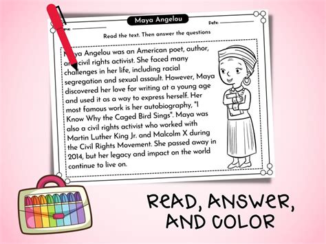 Maya Angelou Reading Comprehension Passage Women History Month Worksheets March Activities For