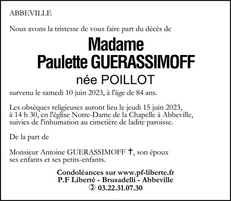 Avis De Décès De Paulette Guerassimoff Pompes Funèbres Liberté Brusadelli