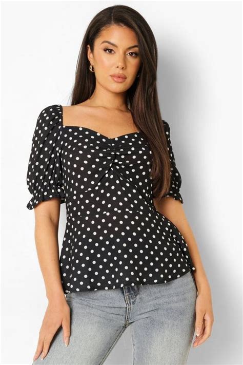 Black Polka Dot Puff Sleeve Sweetheart Blouse Boohoo Uk