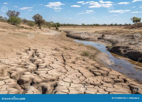 Drought Stricken Landscape With Dried Out Riverbed And Cracked Earth