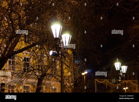 night street lamp in the dark. vintage lamppost in the nightlife ...