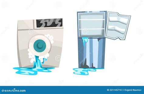 Damaged Home Appliances Set Broken Washing Machine And Refrigerator With Leaking Water Cartoon