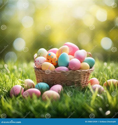 Easter Wicker Basket Colorful Painted Eggs In Green Grass Sunny Day