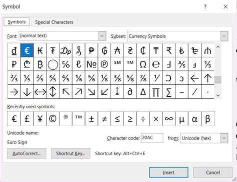 Microsoft Word Symbols Chart