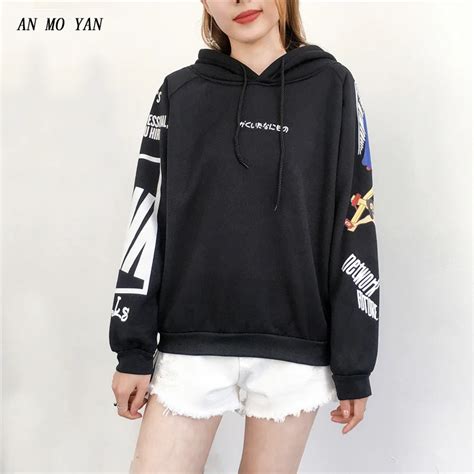 Japanese Cute Cartoon Harajuku Hoodies 2018 Autumn Womens Black Loose