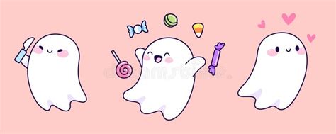 Cute Kawaii Ghost Characters Stock Illustration - Illustration of pink ...