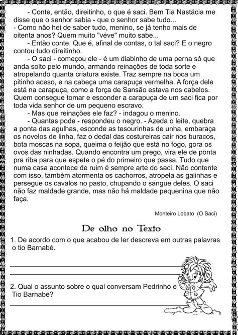 Atividades de Interpretação de Texto 5º ano O saci Educação e