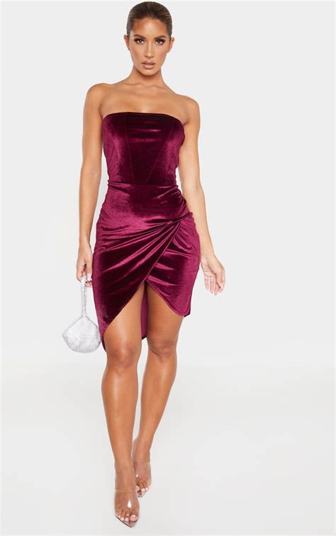 Burgundy Velvet Bandeau Bodycon Dress Prettylittlething Usa