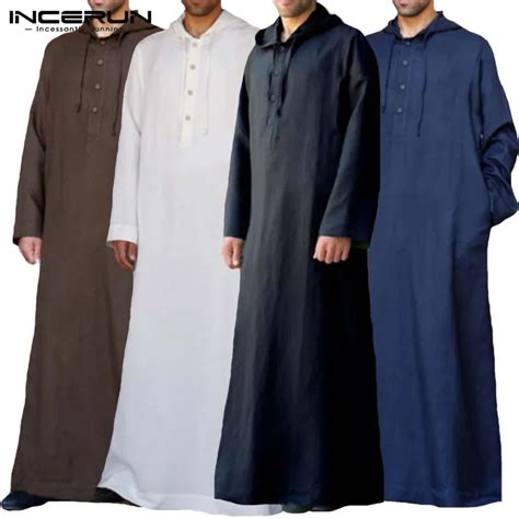 Incerun Men Islamic Muslim Arab Kaftan Long Sleeve Hooded Jubba Thobe