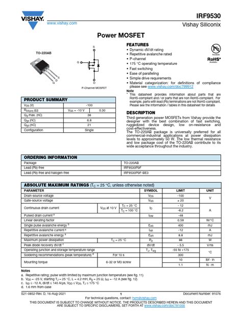 IRF9530 Datasheet Vishay Features And Benefits Stock And Price