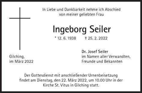 Traueranzeigen Von Ingeborg Seiler Sz Gedenken De