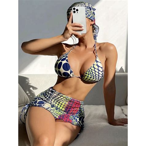 Lrjteng Women S Swim Digital Polka Dot Bikini Set Triangle Bra And High